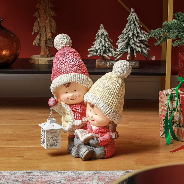 Julenisse med bog og lanterne, led, batteridrevet, 30 x 23 x 45 cm