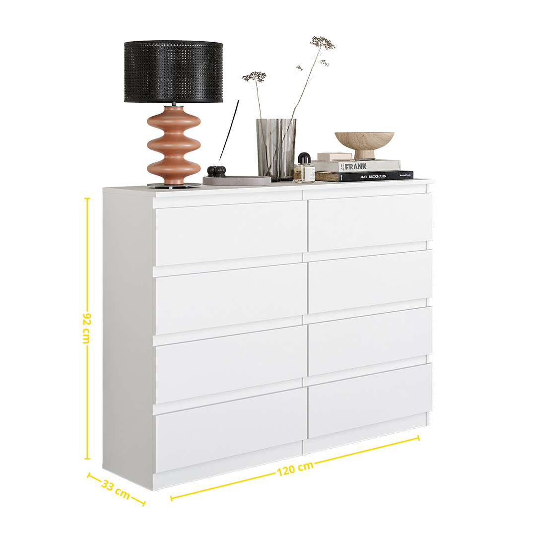 GABRIEL – kommode / sideboard med 8 skuffer – mat hvid – H92 cm B120 cm D33 cm