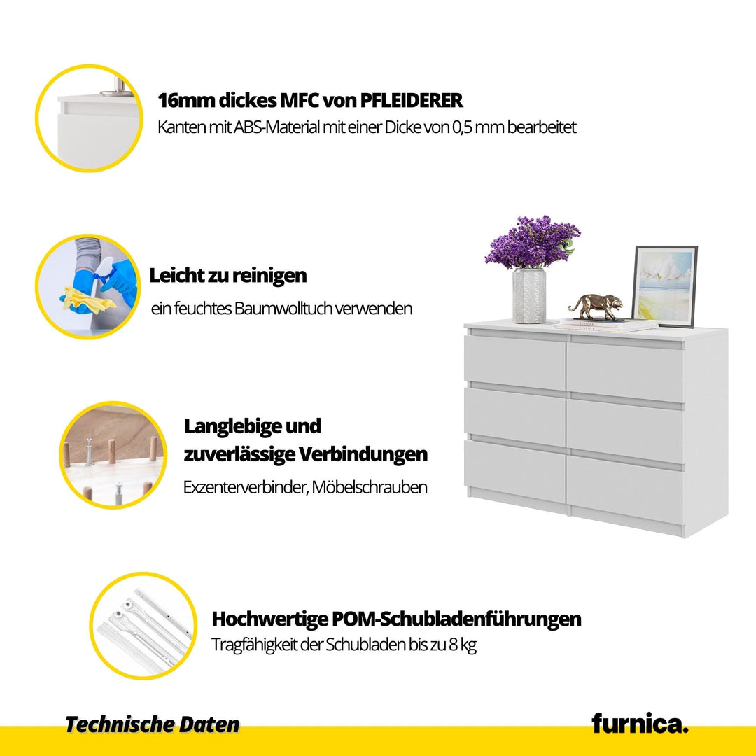 GABRIEL – kommode med 6 skuffer – mat hvid – H71 cm B100 cm D33 cm