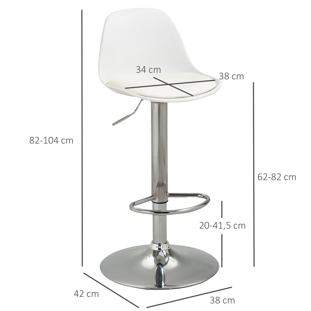 Sæt med 2 barstole, drejestole med ryglæn, højdejusterbar, lasteevne op til 120 kg, 38 x 42 x 82-104 cm, hvid