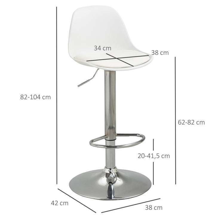 Sæt med 2 barstole, drejestole med ryglæn, højdejusterbar, lasteevne op til 120 kg, 38 x 42 x 82-104 cm, hvid