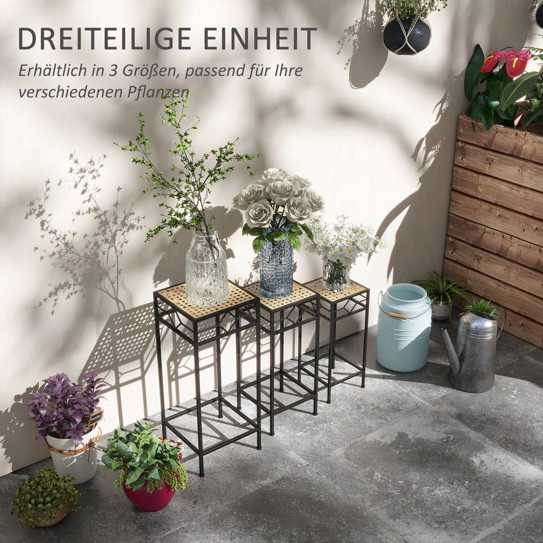 Blomsterstander, sæt med 3, rund, stabelbar, rattan-look, metalben, indendørs og udendørs brug, sort/guld