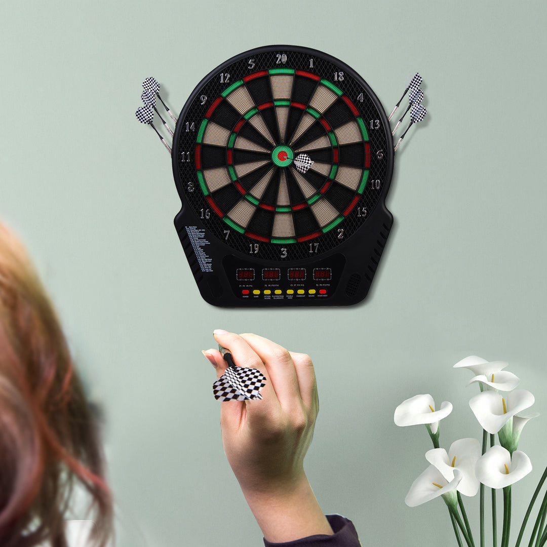 Elektronisk dartskivesæt med LED-display, automatisk scoring, lydeffekter, 6 pile, 24 pilhoveder, 27 spil og 243 scoringsmuligheder til 16 spillere, 44 x 51,5 x 3,2 cm