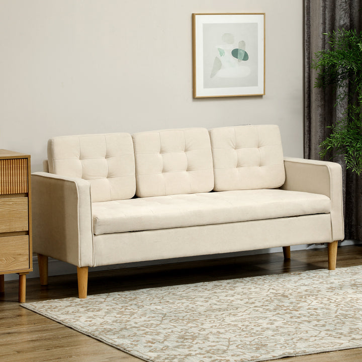 3-Personers sofa med opbevaringsplads, knapsyninger, polstret sofa, 166,5 x 62 x 82 cm, cremehvid