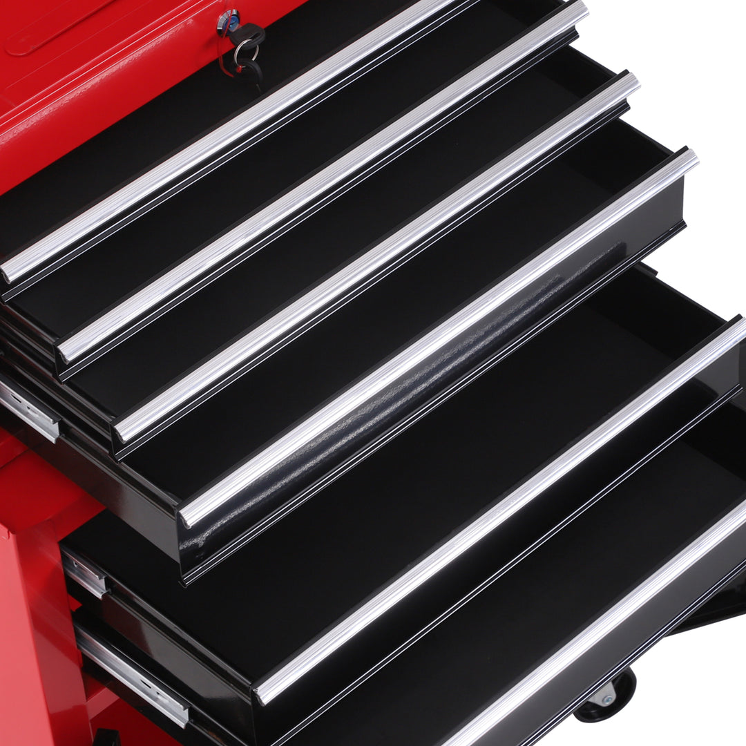 Værktøjsskab med værktøjskasse, sammenrullelig, 6 skuffer, metal, rød