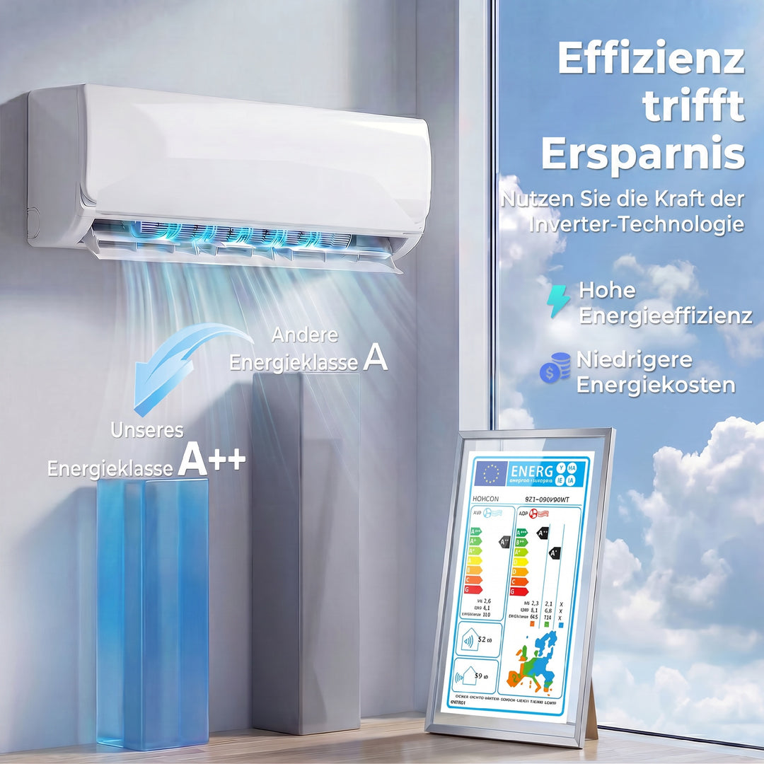 9000 BTU Mini Split Aircondition & Varmepumpe, WiFi-aktiveret inverter-klimaanlæg med installationssæt