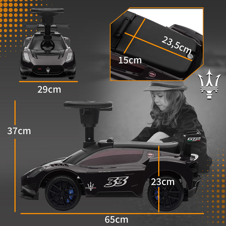 Kørebil, maserati, opbevaringsplads, horn og musik, hviskende dæk, til 1,5 til 5 år, op til 25 kg, sort