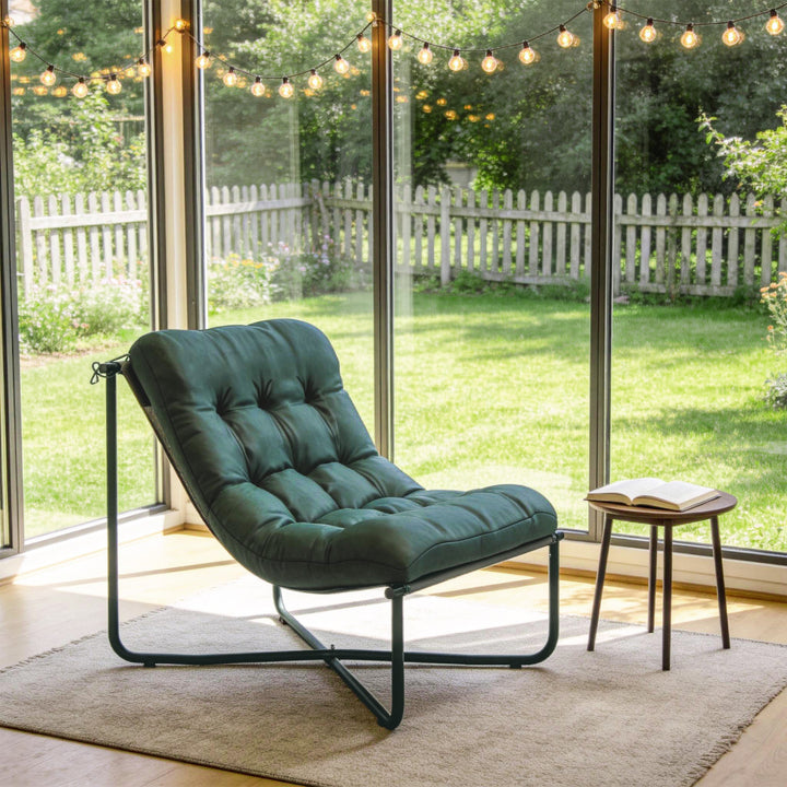 Havestol, havelænestol med hynde, åndbart slyngesæde, stålstel til have/terrasse, 76 x 92 x 76 cm, mørkegrøn