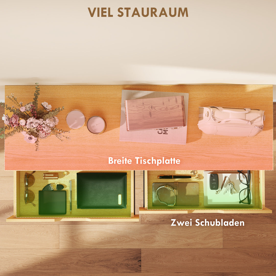 Konsolbord, smalt entrebord med 2 skuffer, metalstel, til entre, 110 x 35 x 76,5 cm, naturlig finish