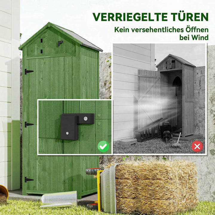 Træskur med 3 aftagelige hylder, aflåselig dør, asfalttag med skrånende tag og ventilation.