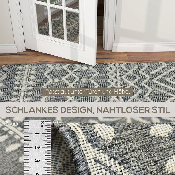 Indendørs/udendørs tæppe, boho design, nem rengøring, grå