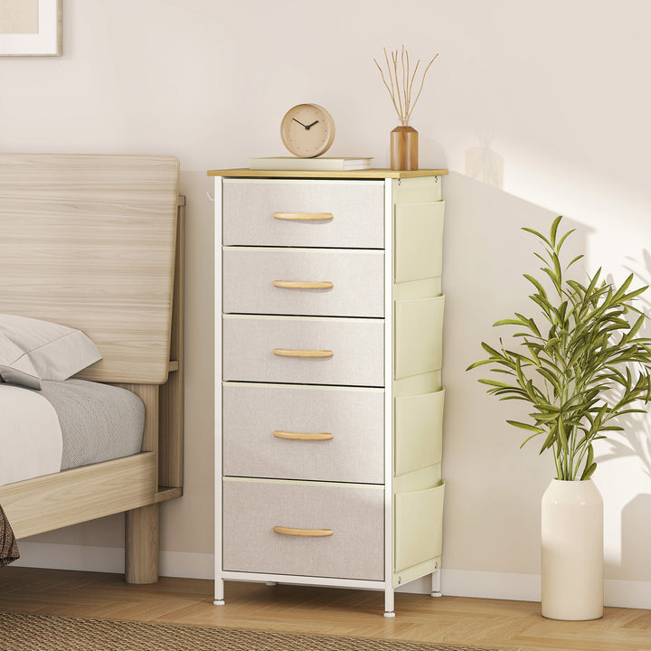 Kommode med 5 skuffer i fiberdug med kroge, beige