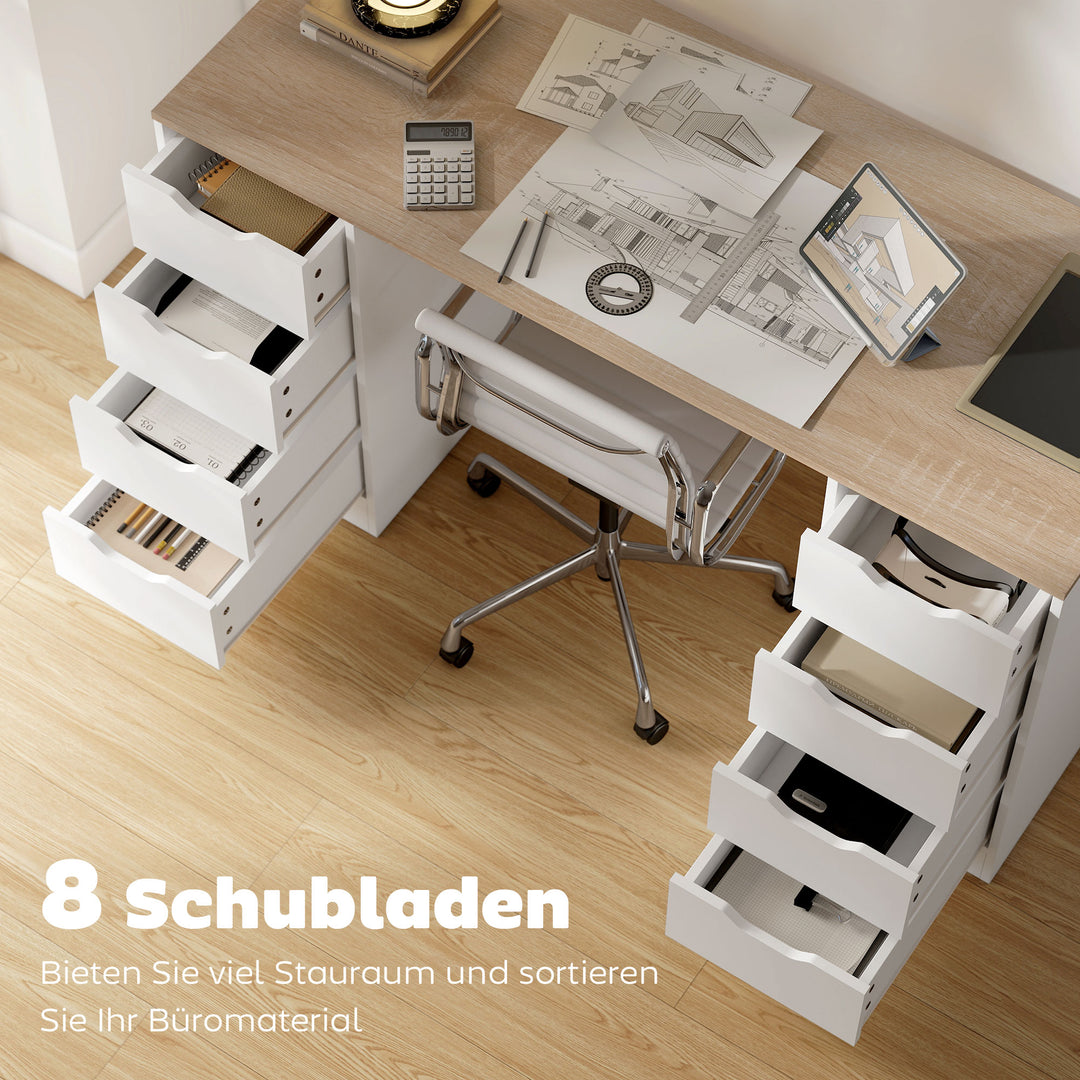 140 cm computerbord, 8 skuffer, skrivebord til hjemmekontor, soveværelse, stål, træ, hvid