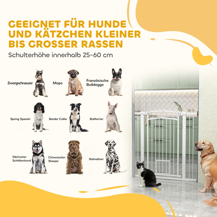 106 Cm højt kæledyrslåge med justerbar bredde, integreret kattelem, til trapper og døråbninger, hvid