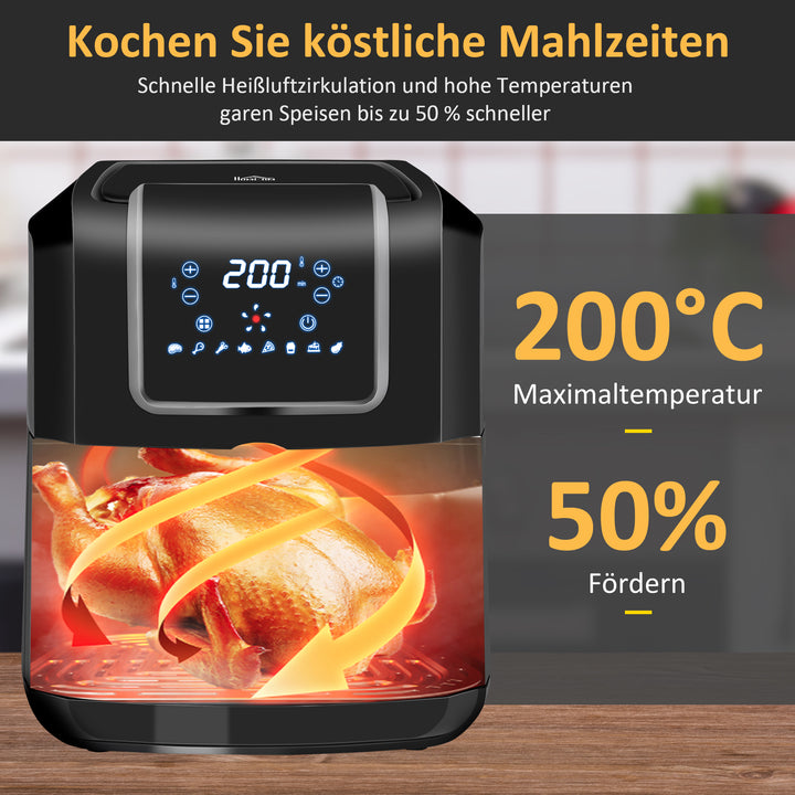 Varmluftfrituregryde 6,5 l 1700w med 8 menuer led-display non-stick kurv til sund oliefri fedtfattig madlavning sort 36,5 x 29 x 33,8 cm