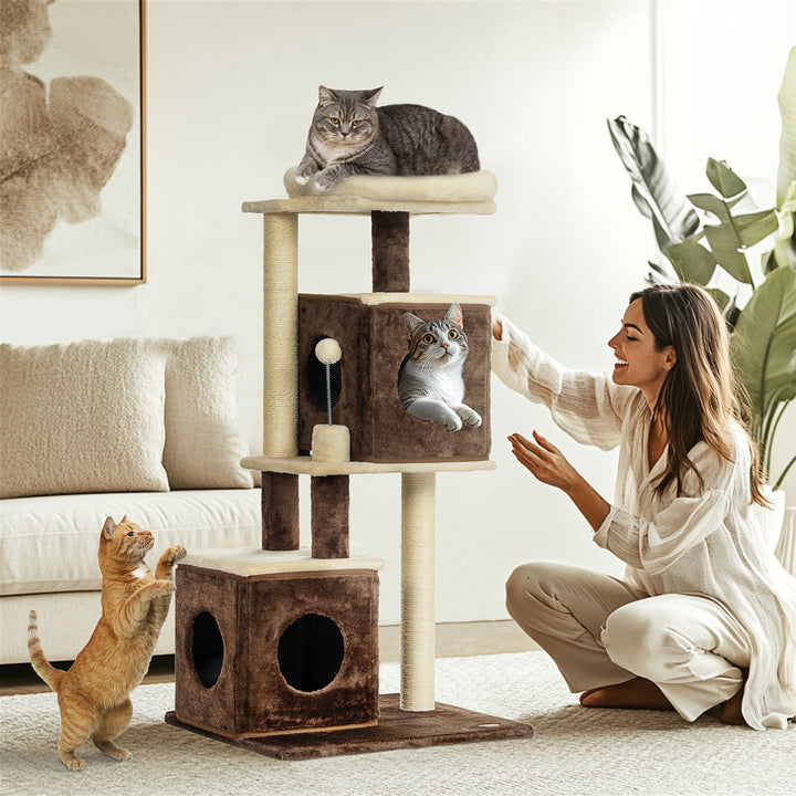 Kradsetræ, delbart kattetårn med kradsetræer og hoppeplatforme, indendørs, mørkebrun + hvid