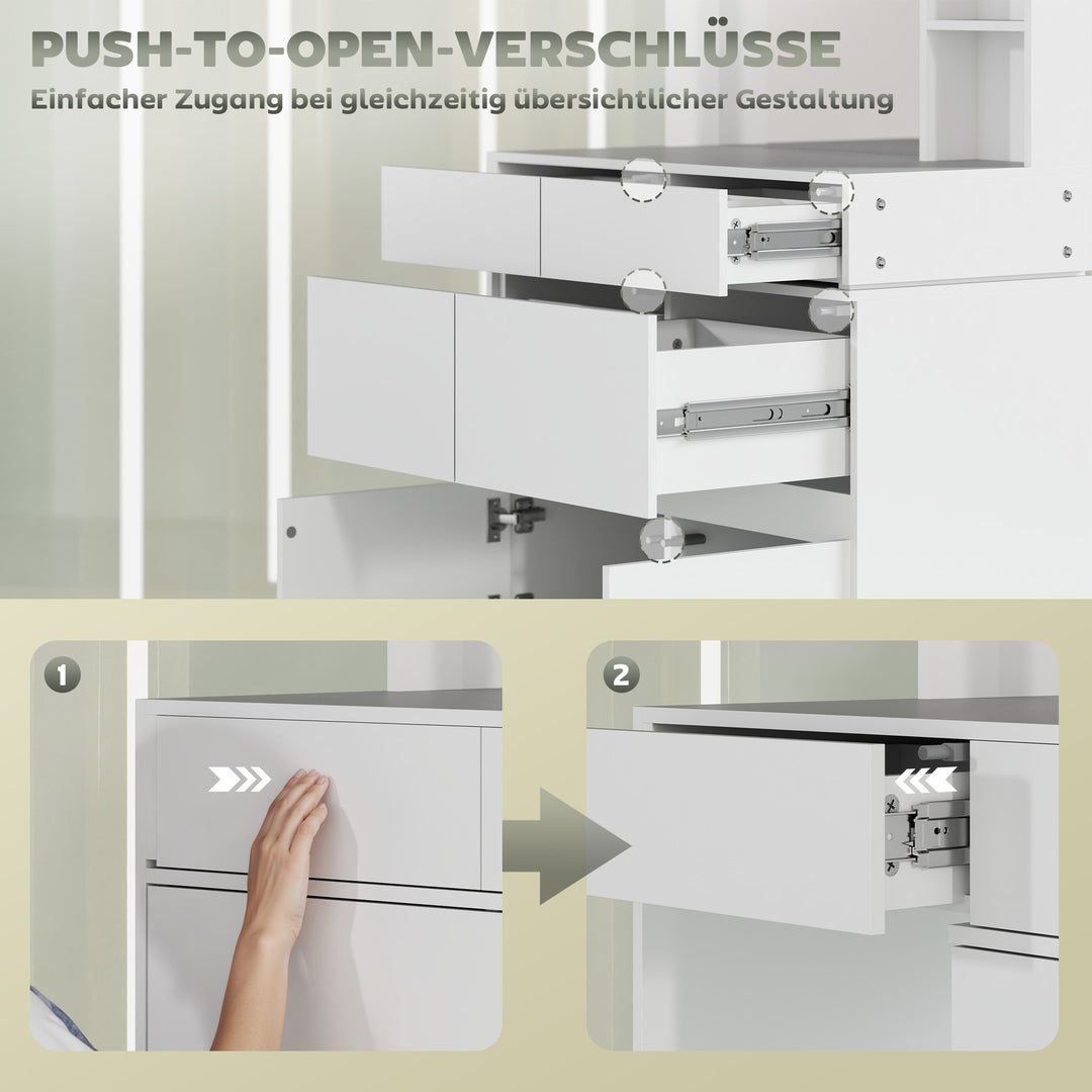 Sminkebord, makeupbord med stort spejl, 4 skuffer, 3 åbne rum, 2 skabe, mdf, hvid