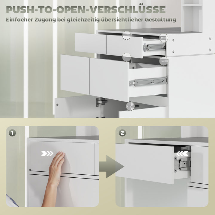 Sminkebord, makeupbord med stort spejl, 4 skuffer, 3 åbne rum, 2 skabe, mdf, hvid