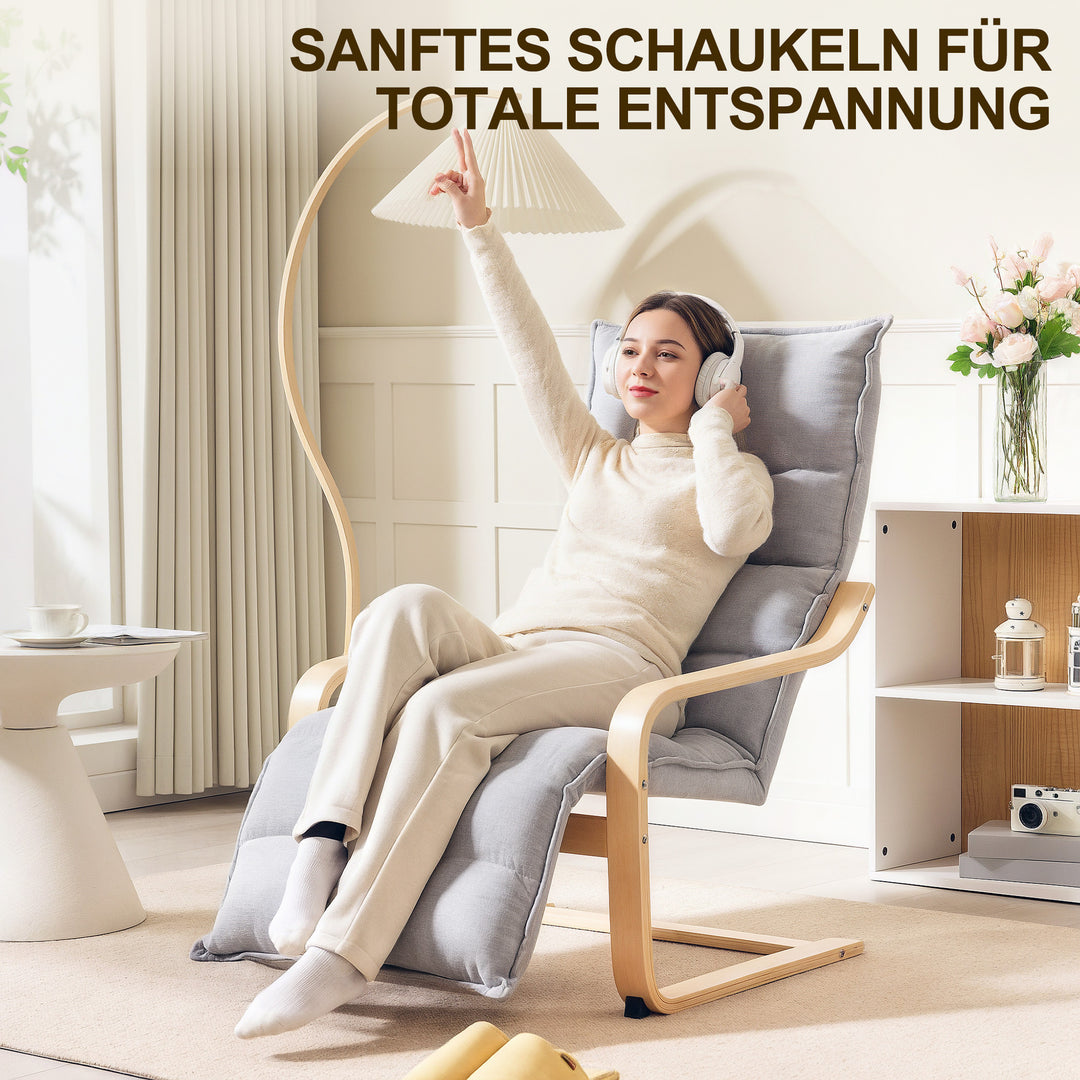 Loungestol i birketræ, polstret stol med justerbar fodstøtte, moderne lænestol, lysegrå