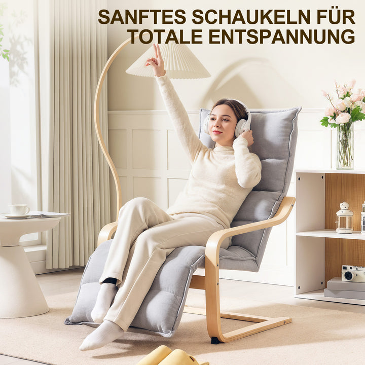 Loungestol i birketræ, polstret stol med justerbar fodstøtte, moderne lænestol, lysegrå