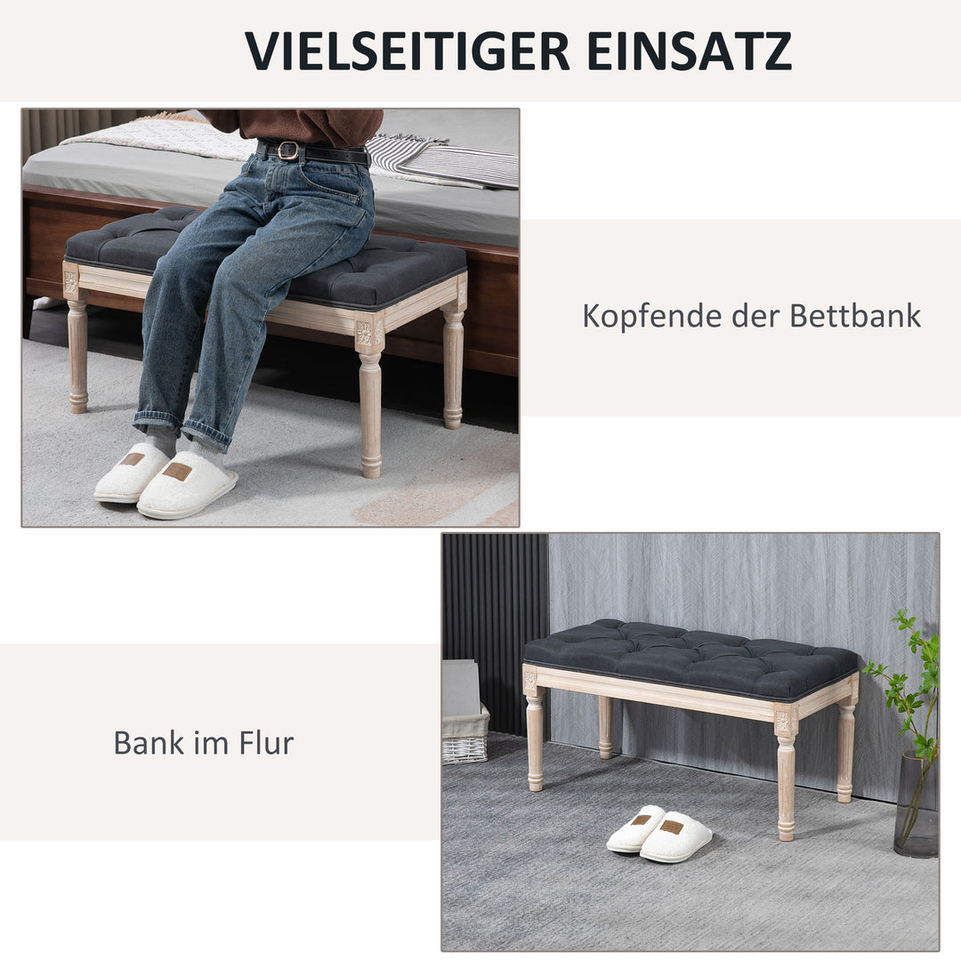 Vintage design bænk med knapsøm og drejede ben, shabby chic, mørkegrå