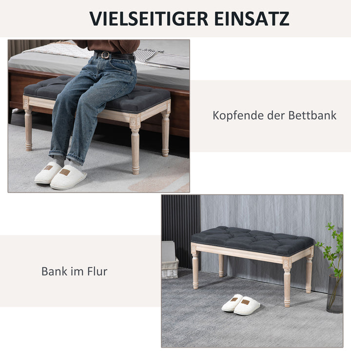 Vintage design bænk med knapsøm og drejede ben, shabby chic, mørkegrå