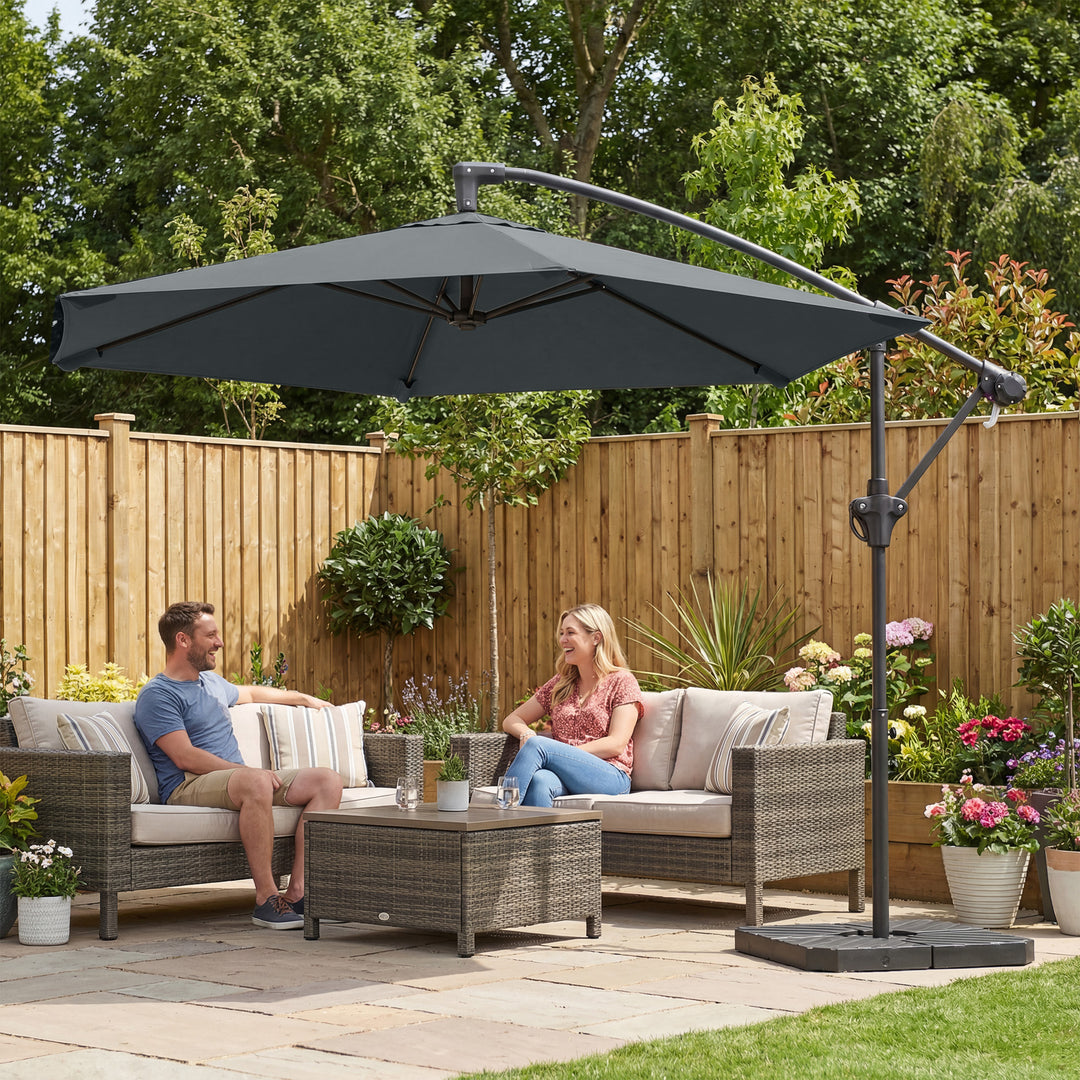 Fritstående parasol ca. Ø300 cm, solskærm med låsemekanisme, håndsving, stativ, vægte, mørkegrå