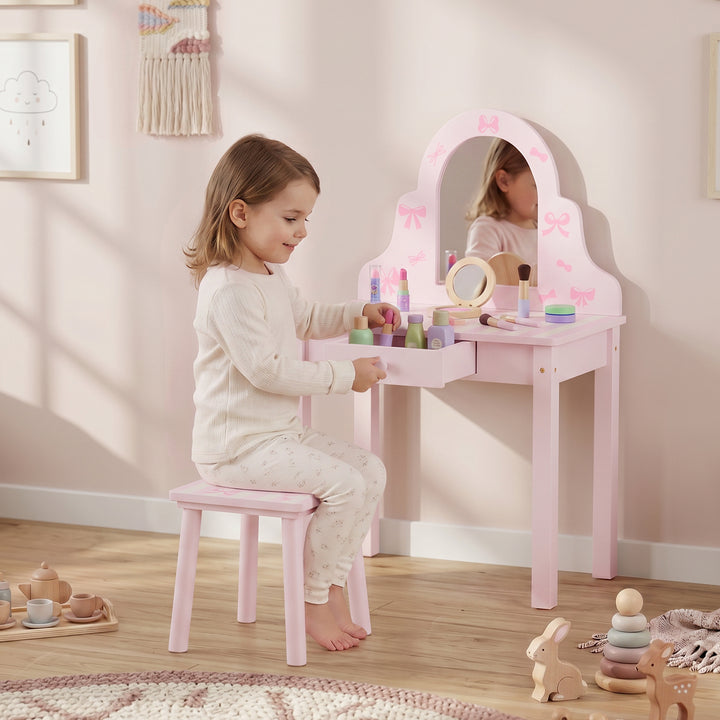Børne 2-i-1 toiletbordsæt med skammel til piger i alderen 3-6 år, pink