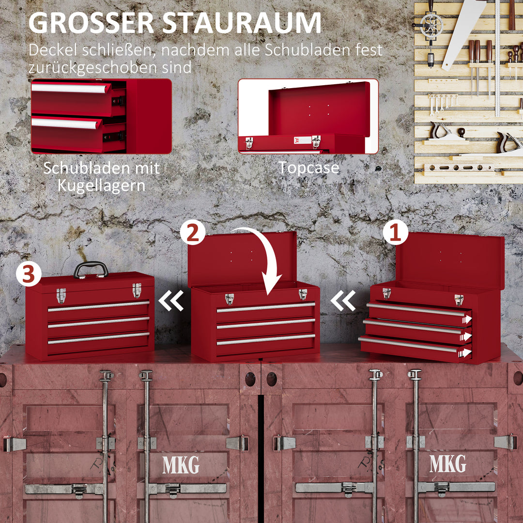Værktøjskasse med 3 skuffer, opbevaringsrum øverst, stållåse, bærehåndtag, 51 x 22 x 32 cm, rød