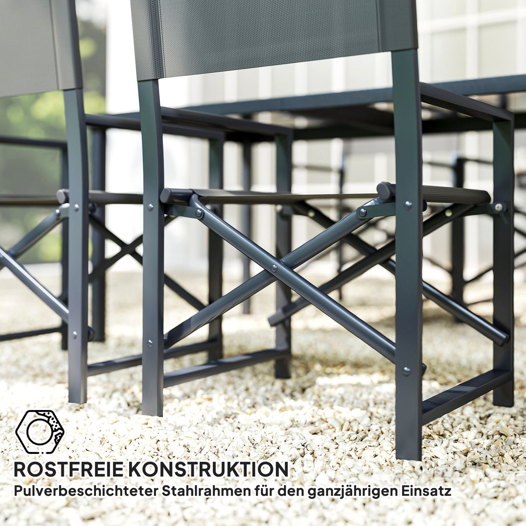 5-Delt spisebordssæt i stål til 4 personer, spisebord med 4 klapstole og glasbord i grå