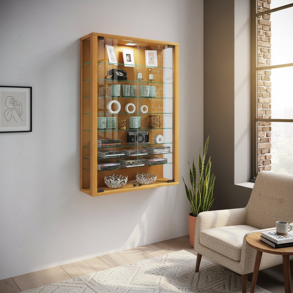 Vægvitrineskab med 8 hylder/Uden LED belysning, naturfarvet bøg