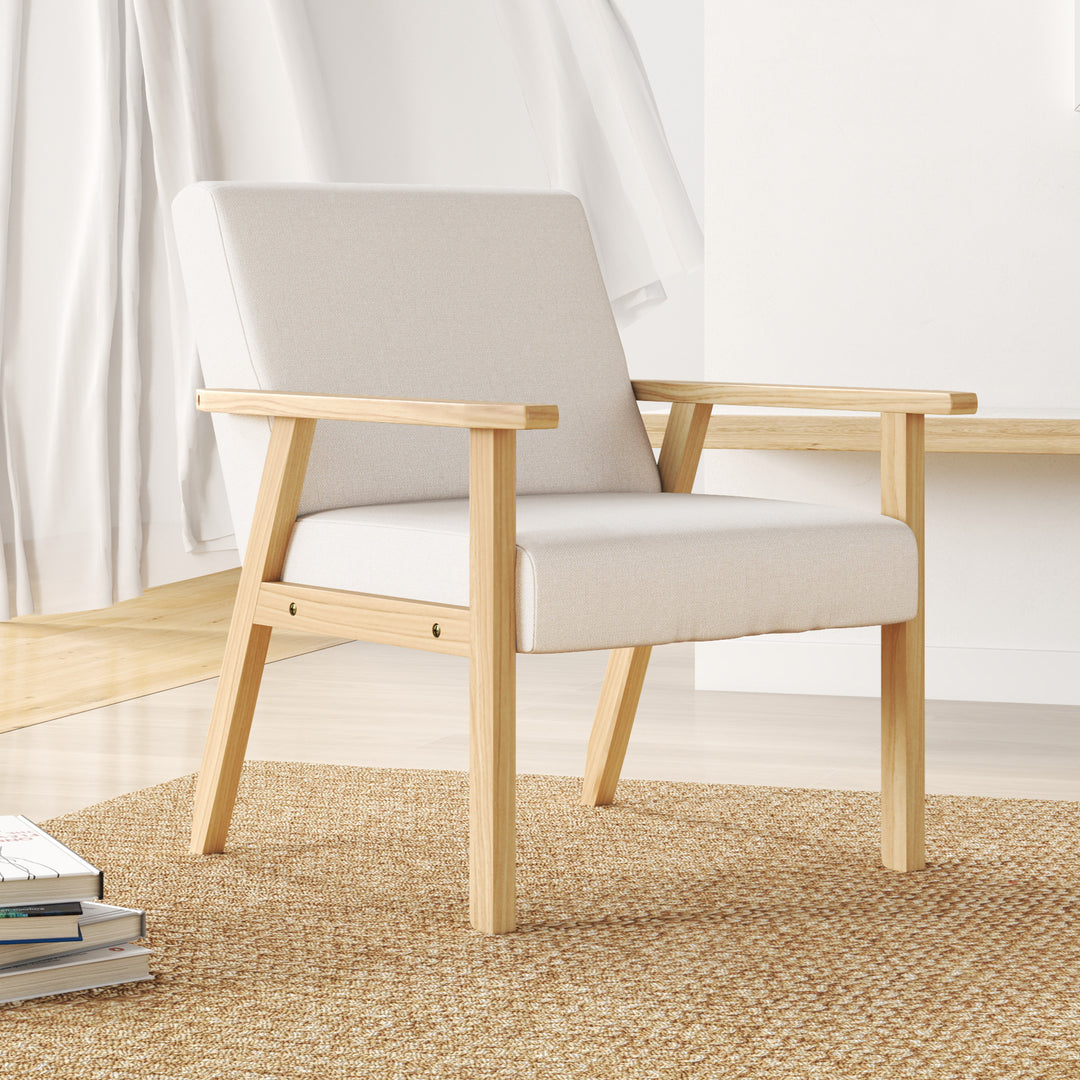 Polstret lænestol med armlæn, spisestol i hørlook, massivt træstel, 64 x 70 x 72 cm, cremefarvet