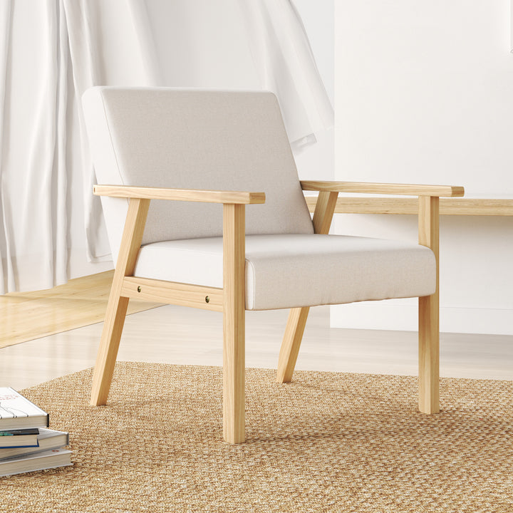 Polstret lænestol med armlæn, spisestol i hørlook, massivt træstel, 64 x 70 x 72 cm, cremefarvet