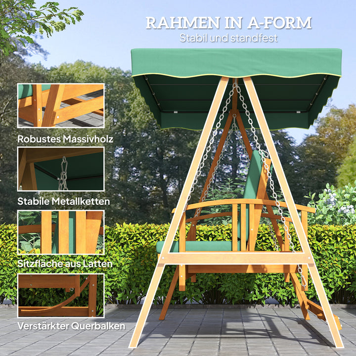 Verandagynge med soltag, havegynge i ægte træ, gyngebænk med lænefunktion, til 3 personer, mørkegrøn