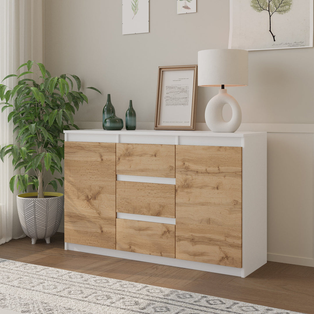 MIKEL - Kommode med 3 skuffer - mat hvid / naturfarvet H75cm B120cm D35cm