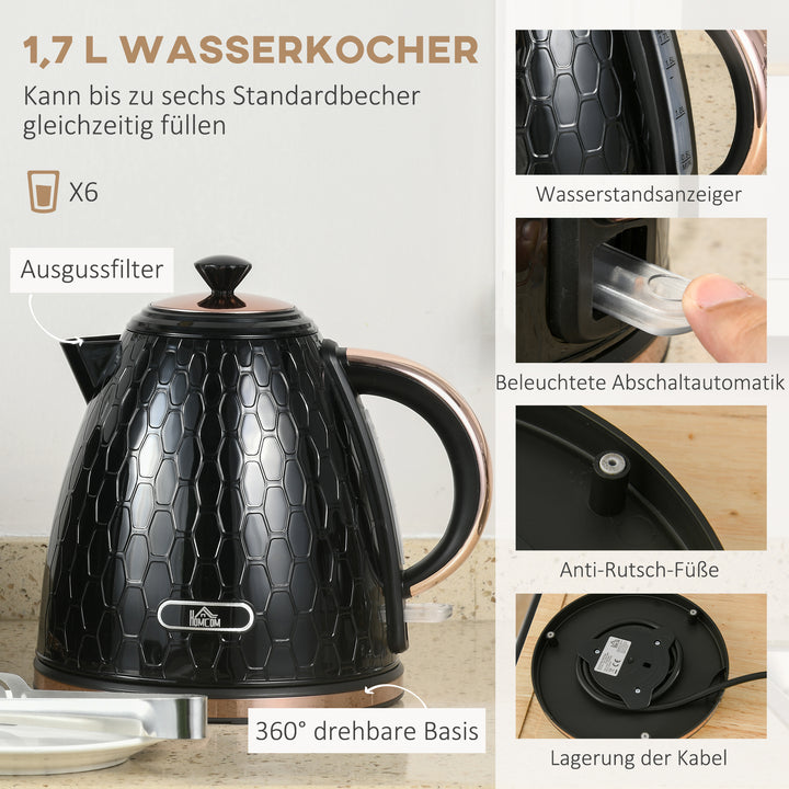 Elkedel- og brødristersæt, 1,7 L, forskellige tilstande, LED-indikatorer, sort