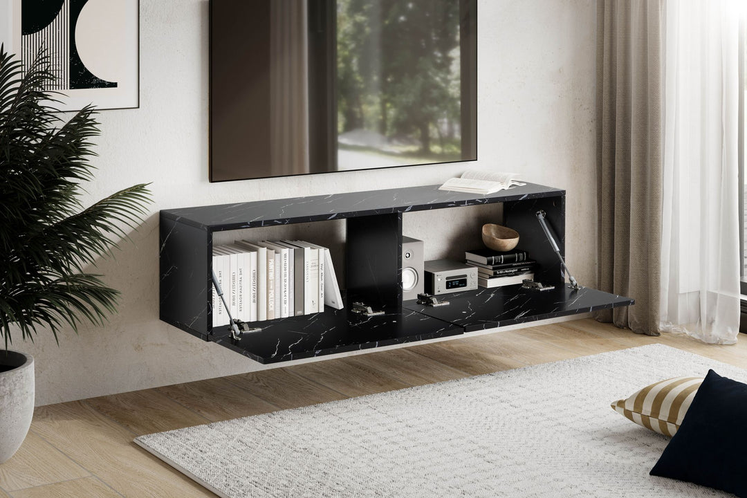 Elegant tv-skab til væggen, marmor-look, 120x30x30cm, sort