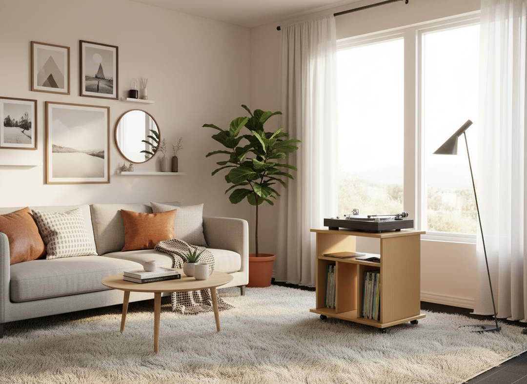 Sidebord til opbevaring af vinyler, 59 x 60 x 45 cm, naturfarvet