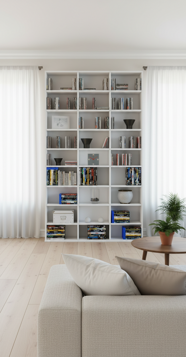 Stor reol, 27 rum, plads til 1080 cd'er, 183 x 102 x 23 cm, hvid