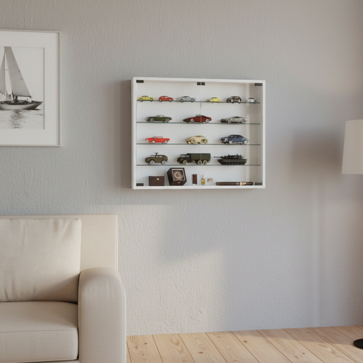 Vægvitrineskab med ESG-sikkerhedsglas, 60x80x10 cm, hvid