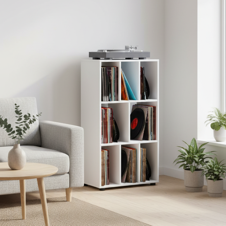 Vinylmøbel/reol, plads til 250 vinylplader, 115x60x34 cm, hvid