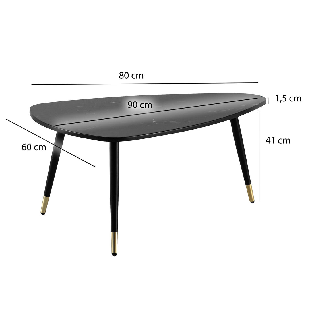 Elegant trekantet sofabord i sort marmorlook med slankt metalstel, 90x60x41 cm