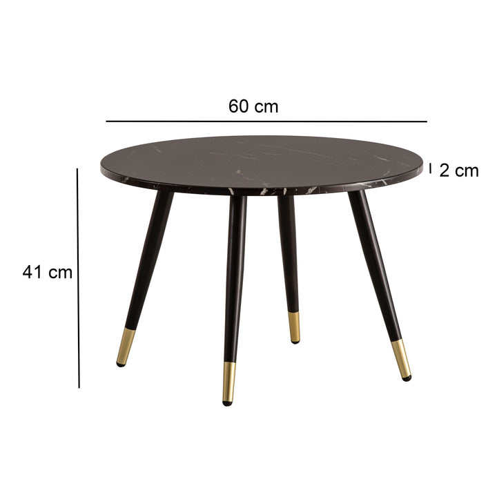 Sofabord 60x60x41 cm med marmorlook, sort, moderne, designer stuebord med metalstel, rundt sofabord, sidebord til stuen