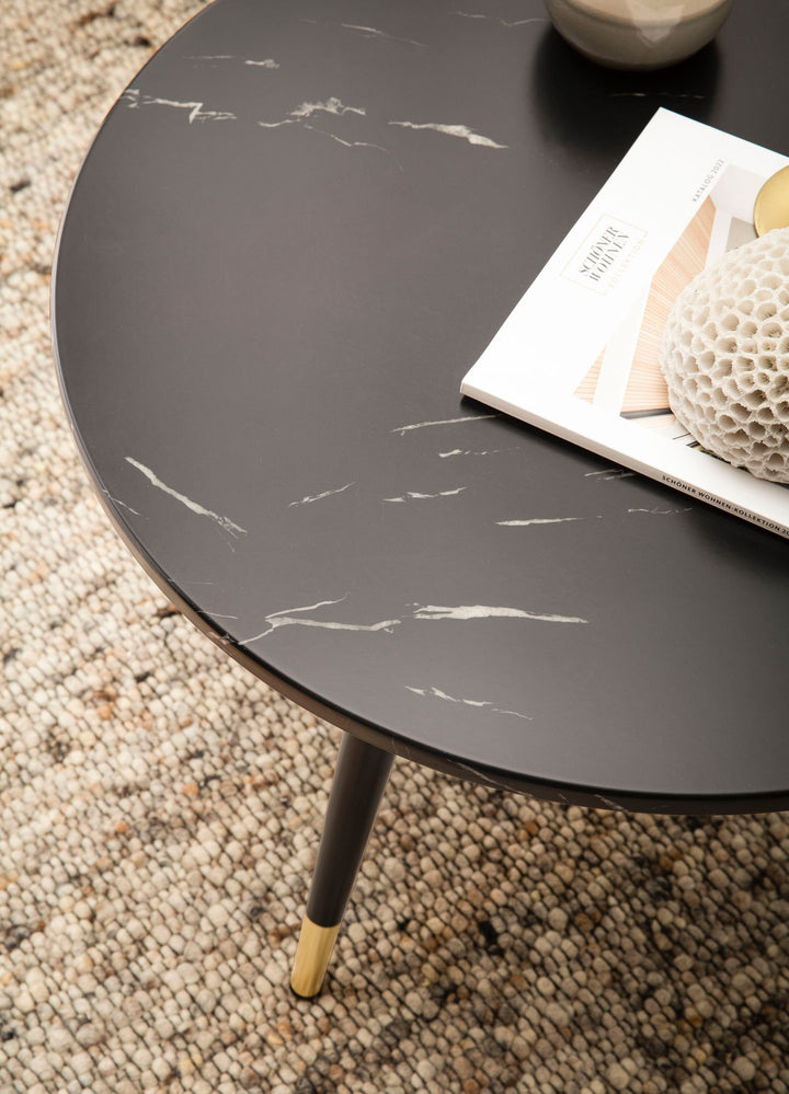Sofabord 60x60x41 cm med marmorlook, sort, moderne, designer stuebord med metalstel, rundt sofabord, sidebord til stuen