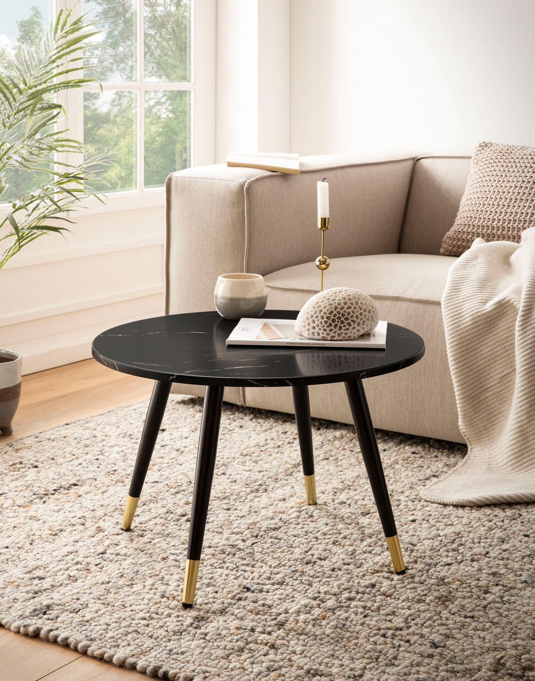 Sofabord 60x60x41 cm med marmorlook, sort, moderne, designer stuebord med metalstel, rundt sofabord, sidebord til stuen