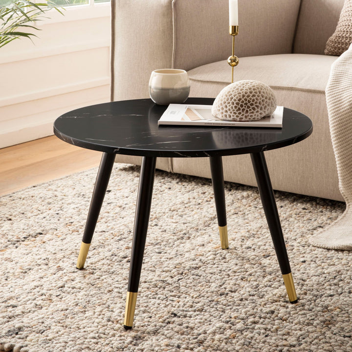 Sofabord 60x60x41 cm med marmorlook, sort, moderne, designer stuebord med metalstel, rundt sofabord, sidebord til stuen