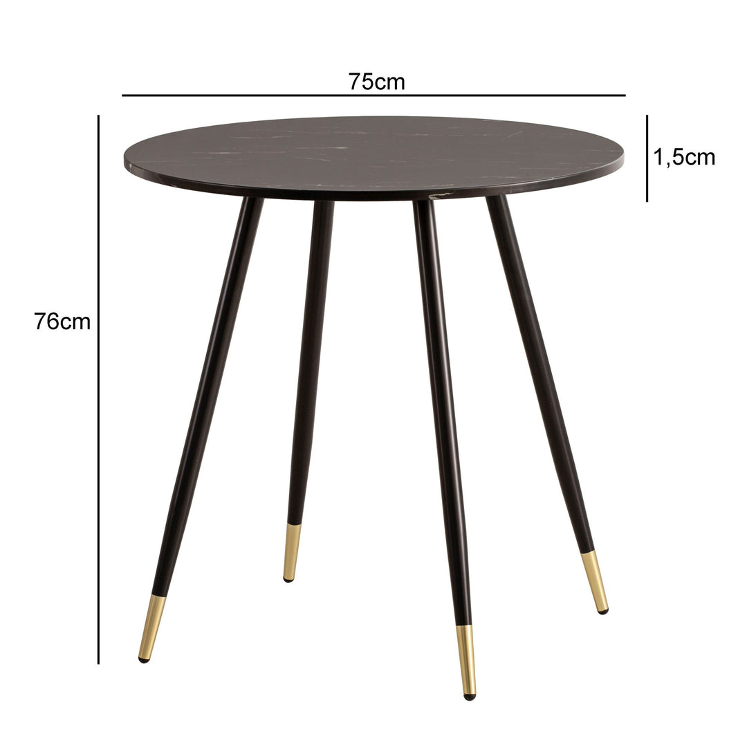 Spisebord 75x75x76 cm marmorlook sort moderne spisebord, køkkenbord med metalben, lille rundt spisebord