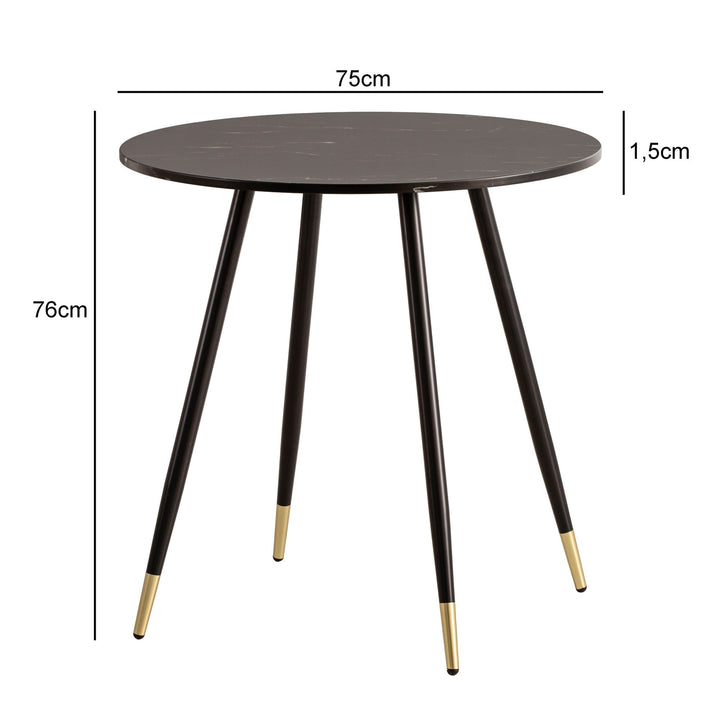 Spisebord 75x75x76 cm marmorlook sort moderne spisebord, køkkenbord med metalben, lille rundt spisebord