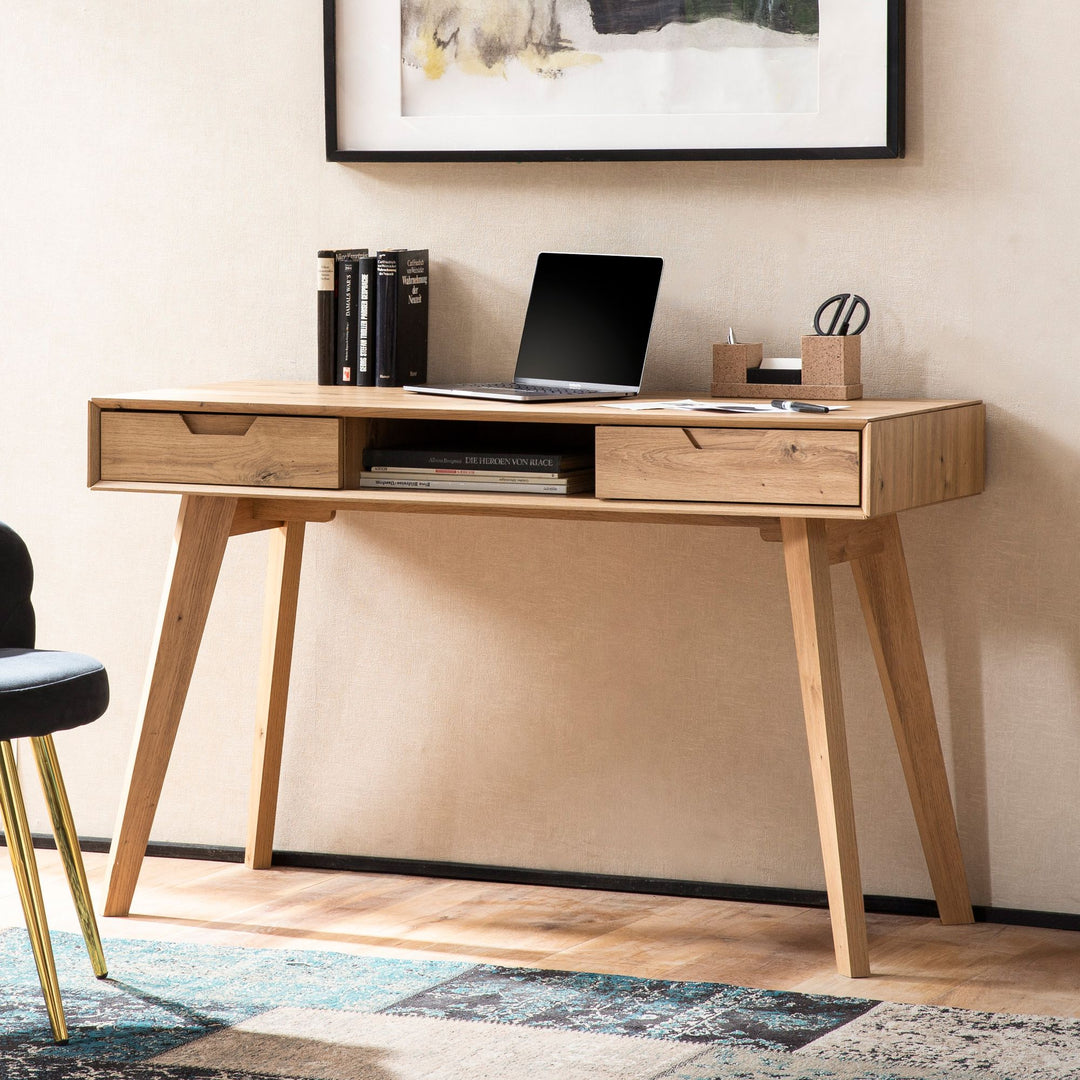 120x55x77 cm egetræsskrivebord med opbevaringsplads, skandinavisk designkontorbord med skuffer