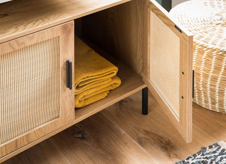 Vaskeskab med egetræslook 60x60x40 cm med døre, badeværelsesskab med rottingflet, fritstående vaskeskab, lille badeværelsesskab i mellemhøjde, håndvask